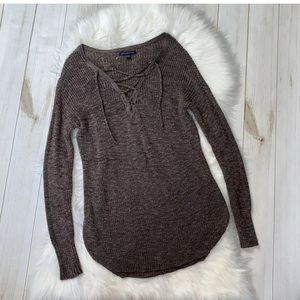 AEO Brown Knit Sweater Pullover Lace Up